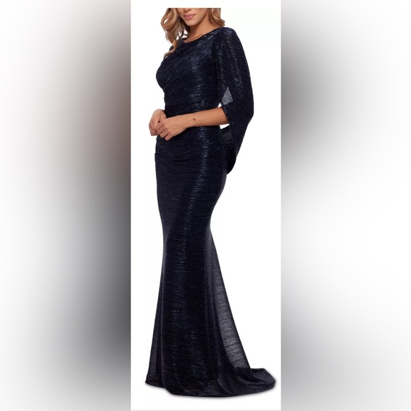 Betsy & Adam Women's Metallic Cape Gown Silver Size 14